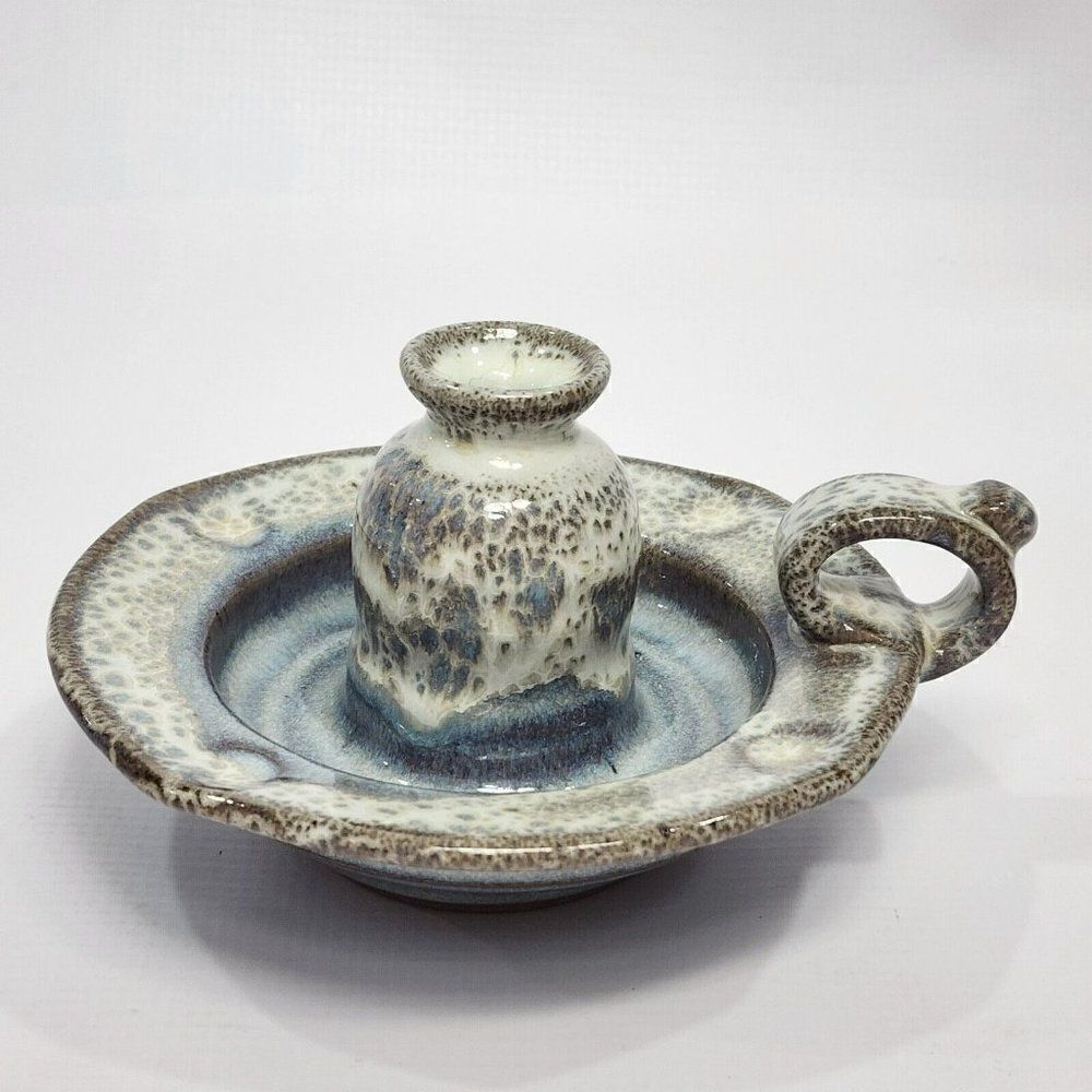 Alewine Pottery 4" Candle Holder Handle Brown Blue Speckle Incense 2011 Signed